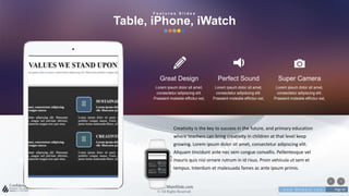 w w w . D o m a i n . c o m Page 40
www.MainSlide.com
© All Rights Reserved.
Confidential
Great Design
Lorem ipsum dolor sit amet,
consectetur adipiscing elit.
Praesent molestie efficitur est,
Perfect Sound
Lorem ipsum dolor sit amet,
consectetur adipiscing elit.
Praesent molestie efficitur est,
Super Camera
Lorem ipsum dolor sit amet,
consectetur adipiscing elit.
Praesent molestie efficitur est,
Creativity is the key to success in the future, and primary education
where teachers can bring creativity in children at that level keep
growing. Lorem ipsum dolor sit amet, consectetur adipiscing elit.
Aliquam tincidunt ante nec sem congue convallis. Pellentesque vel
mauris quis nisl ornare rutrum in id risus. Proin vehicula ut sem et
tempus. Interdum et malesuada fames ac ante ipsum primis.
F e a t u r e s S l i d e s
Table, iPhone, iWatch
 