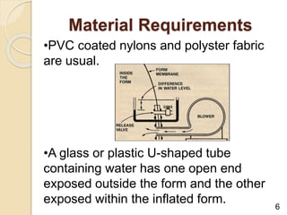Material Requirements
•PVC coated nylons and polyster fabric
are usual.
•A glass or plastic U-shaped tube
containing water has one open end
exposed outside the form and the other
exposed within the inflated form. 6
 
