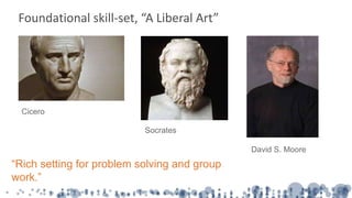 Foundational skill-set, “A Liberal Art”
Cicero
Socrates
David S. Moore
“Rich setting for problem solving and group
work.”
 