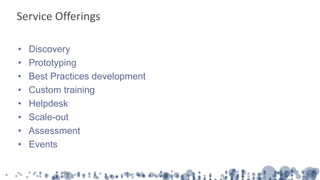 • Discovery
• Prototyping
• Best Practices development
• Custom training
• Helpdesk
• Scale-out
• Assessment
• Events
Service Offerings
 