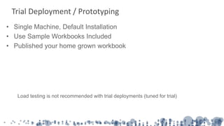 • Single Machine, Default Installation
• Use Sample Workbooks Included
• Published your home grown workbook
Trial Deployment / Prototyping
Load testing is not recommended with trial deployments (tuned for trial)
 
