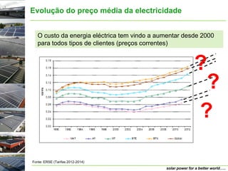 Evolução do preço média da electricidade


   O custo da energia eléctrica tem vindo a aumentar desde 2000
   para todos tipos de clientes (preços correntes)


                                                             ?
                                                              ?
                                                             ?

Fonte: ERSE (Tarifas 2012-2014)
                                              solar power for a better world…..
 