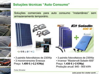Soluções técnicas “Auto Consumo”

Soluções comerciais para auto consumo “instantâneo” sem
armazenamento temporário.




• 3 painéis fotovoltaicos de 230Wp   • 3 painéis fotovoltaicos de 230Wp
• 3 microinversores Enecsys          • Inversor “Mastervolt Soladin 600”
Preço: 1.499 € (~2,2 €/Wp)           Preço: 1.430 € (~2 €/Wp)
                                     Produção anual: 840 - 900 kWh
Fonte: Efimarket
                                                   solar power for a better world…..
 