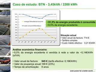 Caso de estudo: BTN - 3,45kVA / 3300 kWh




                               • 91,5% da energia produzida é consumida.
                               • 8,5% da energia excedente.



                                            Situação actual
                                            • Valor anual da factura: 714 €
                                            • Tarifário simples
                                            • Custo médio efectivo: 0,21 €/kWh


Análise económica financeira:
• 8,5% da energia excedente é vendida à rede a valor de ~0,14€/kWh
(s/IVA)

• Valor anual da factura: 545 € (tarifa efectiva: 0,16€/kWh)
• Valor da poupança anual: 169 € (23%)
• Tempo de amortização: 8 anos
                                                     solar power for a better world…..
 