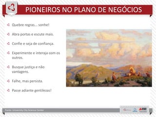 PIONEIROS NO PLANO DE NEGÓCIOS
Quebre regras... sonhe!
Abra portas e escute mais.
Confie e seja de confiança.
Experimente e interaja com os
outros.
Busque justiça e não
vantagens.
Falhe, mas persista.
Passe adiante gentilezas!
Fonte: University City Science Center
 