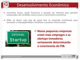 Desenvolvimento Econômico
Incentivos fiscais, ajuda financeira e pacotes de estímulo para grandes
corporações são remédios comuns para o crescimento econômico.
MAS, no Brasil, este tipo de apoio tem se mostrado insuficiente para
aumentar a empregabilidade e fortalecer o produto interno bruto.
Fonte: Bloomberg Businessweek
Novas pequenas empresas
criam mais empregos e as
startups inovadoras
certamente determinarão
o crescimento do PIB.
 