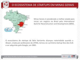 O ECOSSISTEMA DE STARTUPS EM MINAS GERAIS
Minas Gerais é considerado o melhor estado para
iniciar um negócio no Brasil pelo International
Bank for Reconstruction and Development (IBRD).
Fonte: Banco Mundial e Escritório de Prioridades Estratégicas
O ecossistema de startups de Belo Horizonte alcançou notoriedade quando a
Akwan, criada por professores da UFMG, tornou-se a primeira startup fora dos EUA
a ser adquirida pelo Google, em 2005.
 