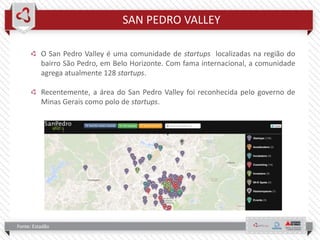 SAN PEDRO VALLEY
O San Pedro Valley é uma comunidade de startups localizadas na região do
bairro São Pedro, em Belo Horizonte. Com fama internacional, a comunidade
agrega atualmente 128 startups.
Recentemente, a área do San Pedro Valley foi reconhecida pelo governo de
Minas Gerais como polo de startups.
Fonte: Estadão
 