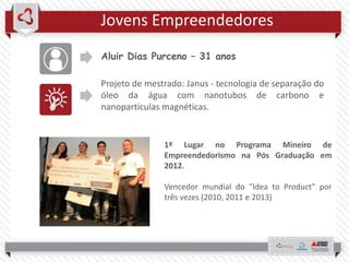Jovens Empreendedores
Aluir Dias Purceno – 31 anos
Projeto de mestrado: Janus - tecnologia de separação do
óleo da água com nanotubos de carbono e
nanopartículas magnéticas.
1º Lugar no Programa Mineiro de
Empreendedorismo na Pós Graduação em
2012.
Vencedor mundial do "Idea to Product" por
três vezes (2010, 2011 e 2013)
 