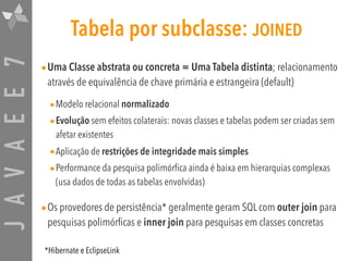 JAVAEE7 Tabela por subclasse: JOINED
•Uma Classe abstrata ou concreta = Uma Tabela distinta; relacionamento
através de equivalência de chave primária e estrangeira (default)
•Modelo relacional normalizado
•Evolução sem efeitos colaterais: novas classes e tabelas podem ser criadas sem
afetar existentes
•Aplicação de restrições de integridade mais simples
•Performance da pesquisa polimórfica ainda é baixa em hierarquias complexas
(usa dados de todas as tabelas envolvidas)
•Os provedores de persistência* geralmente geram SQL com outer join para
pesquisas polimórficas e inner join para pesquisas em classes concretas
*Hibernate e EclipseLink
 