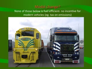 Modal change? None of those below is fuel efficient- no incentive for modern vehicles (eg. tax on emissions) 