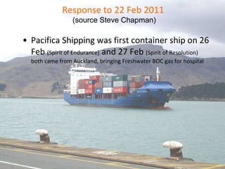Response to 22 Feb 2011   (source Steve Chapman) Pacifica Shipping was first container ship on 26 Feb  (Spirit of Endurance)  and 27 Feb  (Spirit of Resolution) both came from Auckland, bringing Freshwater BOC gas for hospital 