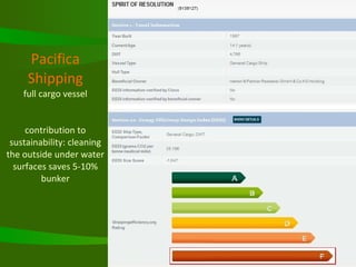 Pacifica Shipping full cargo vessel contribution to sustainability: cleaning the outside under water surfaces saves 5-10% bunker 