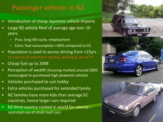 Passenger vehicles in NZ Introduction of cheap Japanese vehicle Imports Large NZ vehicle fleet of average age over 10 years Pros: long life-cycle, employment Cons: fuel consumption +30% compared to EC Population is used to access driving from +15yrs  -  no culture of commuter cycling, walking & use of PT Cheap fuel up to 2008 Perception of wealth  (housing market) around 2005 encouraged to purchased high powered vehicles Vehicles purchased to suit hobby Extra vehicles purchased for extended family NZ families have more kids than average EC countries, hence larger cars required NZ third country ranked in world for obesity –  restricted use of small mart cars 
