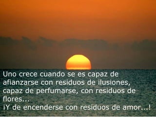 Uno crece cuando se es capaz de  afianzarse con residuos de ilusiones, capaz de perfumarse, con residuos de flores... ¡Y de encenderse con residuos de amor...! 