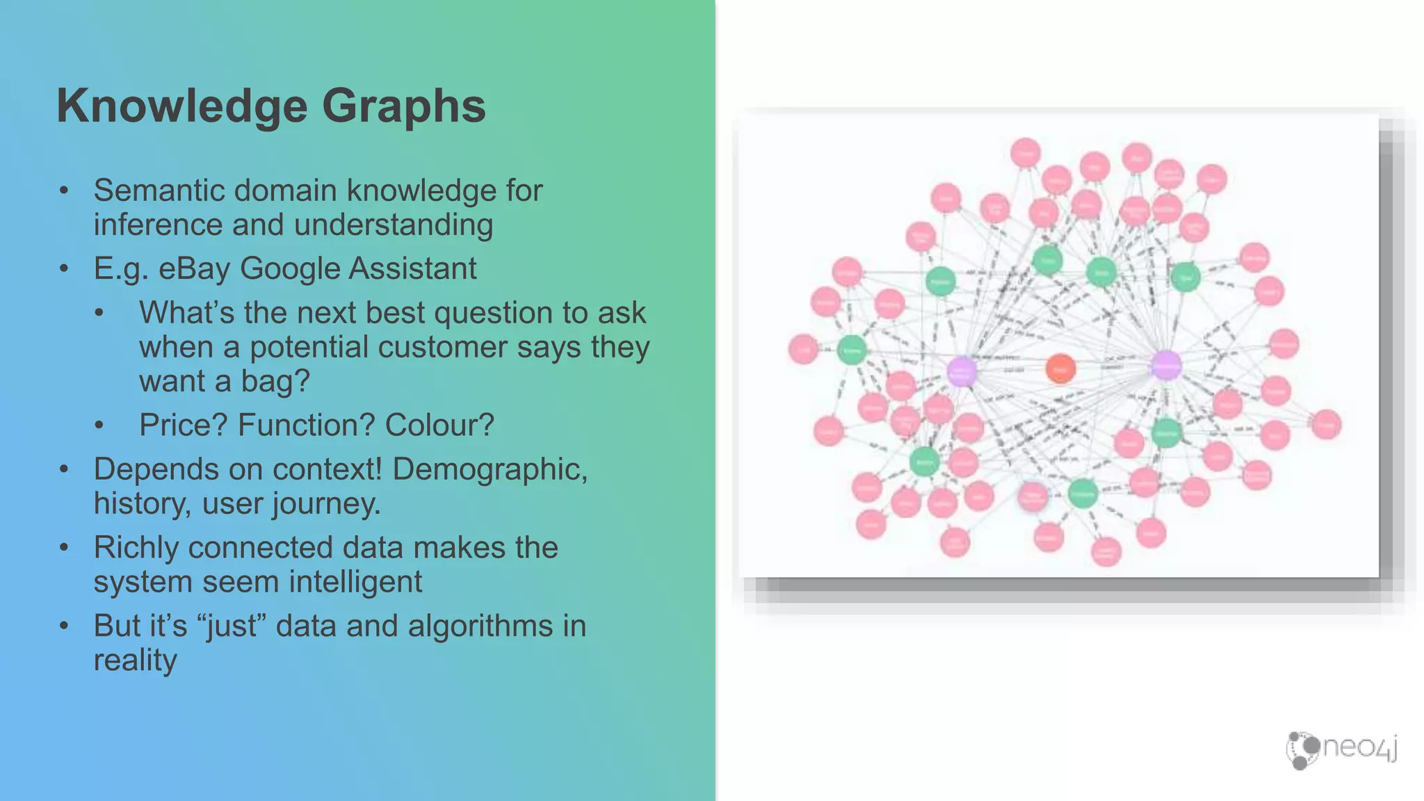 Knowledge Graphs
• Semantic domain knowledge for
inference and understanding
• E.g. eBay Google Assistant
• What’s the next best question to ask
when a potential customer says they
want a bag?
• Price? Function? Colour?
• Depends on context! Demographic,
history, user journey.
• Richly connected data makes the
system seem intelligent
• But it’s “just” data and algorithms in
reality
 