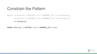 MATCH (d:Person)-[:BOUGHT]->()-[:MEMBER_OF]->(n:Category),
(d:Person)-[:BOUGHT]->()-[:MEMBER_OF]->(b:Category),
(c:Category)
WHERE NOT((d)-[:BOUGHT]->()-[:MEMBER_OF]->(c))
Constrain the Pattern
 