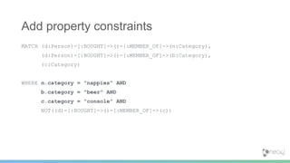 MATCH (d:Person)-[:BOUGHT]->()-[:MEMBER_OF]->(n:Category),
(d:Person)-[:BOUGHT]->()-[:MEMBER_OF]->(b:Category),
(c:Category)
WHERE n.category = "nappies" AND
b.category = "beer" AND
c.category = "console" AND
NOT((d)-[:BOUGHT]->()-[:MEMBER_OF]->(c))
Add property constraints
 