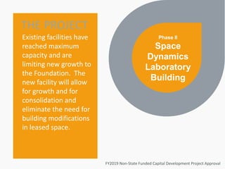 Phase II
Space
Dynamics
Laboratory
Building
THE PROJECT
Existing facilities have
reached maximum
capacity and are
limiting new growth to
the Foundation. The
new facility will allow
for growth and for
consolidation and
eliminate the need for
building modifications
in leased space.
FY2019 Non-State Funded Capital Development Project Approval
 