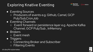 dn.dev/4k-kubernetes
Exploring Knative Eventing
● Eventing Sources
○ Producers of events e.g. Github, Camel, GCP
Pub/Sub,CronJob
● Eventing Channels
○ Event forward or persistence layer e.g. Apache Kafka
Channel, GCP Pub/Sub , InMemory
● Brokers
○ Event mesh
● Triggers
○ Connecting Broker and Subscriber
○ Filtering Events
 