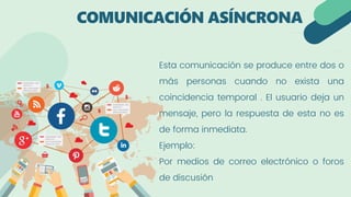 QUIÉNES SOMOS Y QUÉ HACEMOS
COMUNICACIÓN ASÍNCRONA
QUIÉNES SOMOS Y QUÉ HACEMOS
Esta comunicación se produce entre dos o
más personas cuando no exista una
coincidencia temporal . El usuario deja un
mensaje, pero la respuesta de esta no es
de forma inmediata.
Ejemplo:
Por medios de correo electrónico o foros
de discusión
 