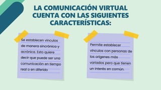 LA COMUNICACIÓN VIRTUAL
CUENTA CON LAS SIGUIENTES
CARACTERÍSTICAS:
 