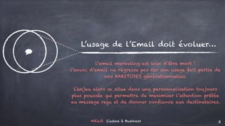 4Kast L’usine à Business 3
$
L’usage de l’Email doit évoluer…
l’email marketing est loin d’être mort !
l’envoi d’email ne régresse pas car son usage fait partie de
nos HABITUDES générationnelles.
L’enjeu alors se situe dans une personnalisation toujours
plus poussée qui permettra de maximiser l’attention prêtée
au message reçu et de donner confiance aux destinataires.
 