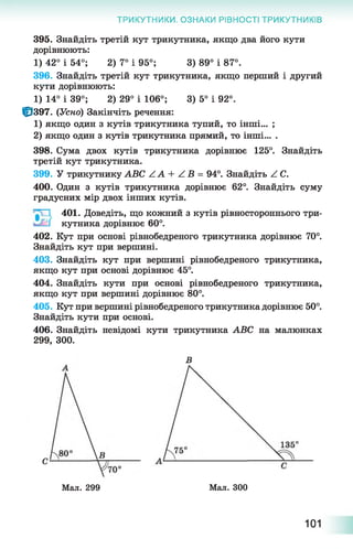 ТРИКУТНИКИ. ОЗНАКИ РІВНОСТІ ТРИКУТНИКІВ
395. Знайдіть третій кут трикутника, якщо два його кути
дорівнюють:
396. Знайдіть третій кут трикутника, якщо перший і другий
кути дорівнюють:
1) 14° і 39°; 2) 29° і 106°; 3) 5° і 92°.
ІР397. {Усно) Закінчіть речення:
1) якщо один з кутів трикутника тупий, то інші... ;
2) якщо один з кутів трикутника прямий, то інші... .
398. Сума двох кутів трикутника дорівнює 125°. Знайдіть
третій кут трикутника.
399. У трикутнику АВС /.А + А В = 94°. Знайдіть ^ С.
400. Один з кутів трикутника дорівнює 62°. Знайдіть суму
градусних мір двох інших кутів.
401. Доведіть, що кожний з кутів рівностороннього три­
кутника дорівнює 60°.
402. Кут при основі рівнобедреного трикутника дорівнює 70°.
Знайдіть кут при вершині.
403. Знайдіть кут при вершині рівнобедреного трикутника,
якщо кут при основі дорівнює 45°.
404. Знайдіть кути при основі рівнобедреного трикутника,
якщо кут при вершині дорівнює 80°.
405. Кут при вершині рівнобедреного трикутника дорівнює 50°.
Знайдіть кути при основі.
406. Знайдіть невідомі кути трикутника АВС на малюнках
1) 42° і 54°; 2) 7° і 95°; 3) 89° і 87°.
299, 300.
В
С
о
Мал. 299 Мал. 300
101
 