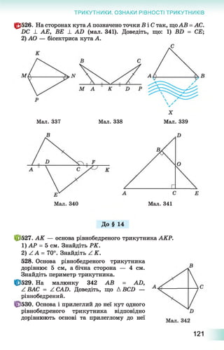 ТРИКУТНИКИ. ОЗНАКИ РІВНОСТІ ТРИКУТНИКІВ
ІР526. На сторонах кутаА позначено точки В і С так, щоАВ = АС.
2)С _І_ АЕ, ВЕ ± АБ (мал. 341). Доведіть, що: 1) ВБ = СЕ;
2) АО — бісектриса кута А.
Мал. 337 Мал. 338
X
Мал. 339
Мал. 340 Мал. 341
До § 14
Ф 527. АК — основа рівнобедреного трикутника АКР.
1) АР = 5 см. Знайдіть РК.
2) Z А = 70°. Знайдіть Z К.
528. Основа рівнобедреного трикутника
дорівнює 5 см, а бічна сторона — 4 см.
Знайдіть периметр трикутника.
Ц3529. На малюнку 342 АВ = AD,
Z ВАС = Z. CAD. Доведіть, що Д BCD —
рівнобедрений.
ЦЭ530. Основа і прилеглий до неї кут одного
рівнобедреного трикутника відповідно
дорівнюють основі та прилеглому до неї
121
 