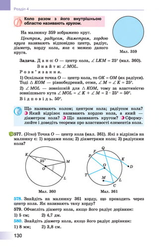 Коло разом з його внутрішньою
областю називають кругом.
На малюнку 359 зображено круг.
Центром, радіусом, діаметром, хордою
круга називають відповідно центр, радіус,
діаметр, хорду кола, яке є межею даного
круга. Мші. 359
Задача. Д а н о: О — центр кола, Z LKM = 25° (мал. 360).
З н а й т и: Z MOL.
Р о з в ’ я з а н н я .
1) Оскільки точка О — центр кола, то OK = ОМ (як радіуси).
Тоді Д КОМ — рівнобедрений, отже, Z М = Z К = 25°.
2) Z MOL — зовнішній для Д КОМ, тому за властивістю
зовнішнього кута Z MOL = Z K + Z M = 2 •25° = 50°.
В і д п о в і д ь . 50°.
Розділ 4
Що називають колом; центром кола; радіусом кола?
З Який відрізок називають хордою кола, а який —
діаметром кола? З Що називають кругом? ^ Сформу­
люйте і доведіть теореми про властивості елементів кола.
ф 577. (Усно) Точка О — центр кола (мал. 361). Які з відрізків на
малюнку є: 1) хордами кола; 2) діаметрами кола; 3) радіусами
кола?
Мал. 361Мал. 360
578. Знайдіть на малюнку 361 хорду, що проходить через
центр кола. Як називають таку хорду?
579. Обчисліть діаметр кола, якщо його радіус дорівнює:
1) 5 см; 2) 4,7 дм.
580. Знайдіть діаметр кола, якщо його радіус дорівнює:
1) 8 мм; 2) 3,8 см.
130
 