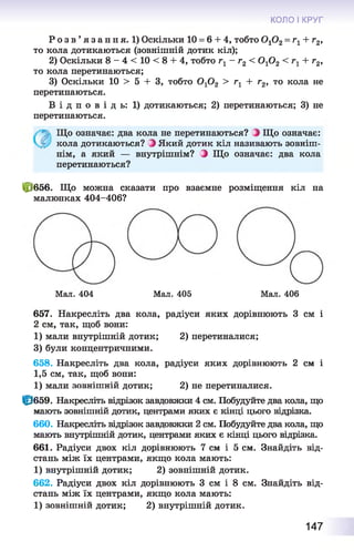 Р о з в ’ я з а н н я . 1)Оскільки 10 = 6 + 4, тобто0 10 2= і’1+ г2,
то кола дотикаються (зовнішній дотик кіл);
2) Оскільки 8 - 4 < 1 0 < 8 + 4, тобто гх - г2 < 0 10 2 < + г2,
то кола перетинаються;
3) Оскільки 10 > 5 + 3, тобто 0 10 2 > г1 + г2, то кола не
перетинаються.
В і д п о в і д ь : 1) дотикаються; 2) перетинаються; 3) не
перетинаються.
КОЛО І КРУГ
Що означає: два кола не перетинаються? З Що означає:
кола дотикаються? З Який дотик кіл називають зовніш­
нім, а який — внутрішнім? З Що означає: два кола
перетинаються?
0 6 5 6 . Що можна сказати про взаємне розміщення кіл на
малюнках 404-406?
Мал. 404 Мал. 405 Мал. 406
657. Накресліть два кола, радіуси яких дорівнюють 3 см і
2 см, так, щоб вони:
1) мали внутрішній дотик; 2) перетиналися;
3) були концентричними.
658. Накресліть два кола, радіуси яких дорівнюють 2 см і
1,5 см, так, щоб вони:
1) мали зовнішній дотик; 2) не перетиналися.
0 6 5 9 . Накресліть відрізок завдовжки 4 см. Побудуйте два кола, що
мають зовнішній дотик, центрами яких є кінці цього відрізка.
660. Накресліть відрізок завдовжки 2 см. Побудуйте два кола, що
мають внутрішній дотик, центрами яких є кінці цього відрізка.
661. Радіуси двох кіл дорівнюють 7 см і 5 см. Знайдіть від­
стань між їх центрами, якщо кола мають:
1) внутрішній дотик; 2) зовнішній дотик.
662. Радіуси двох кіл дорівнюють 3 см і 8 см. Знайдіть від­
стань між їх центрами, якщо кола мають:
1) зовнішній дотик; 2) внутрішній дотик.
147
 