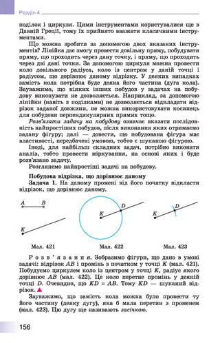 Розділ 4
поділок і циркуля. Цими інструментами користувалися ще в
Давній Греції, тому їх прийнято вважати класичними інстру­
ментами.
Що можна зробити за допомогою двох вказаних інстру­
ментів? Лінійка дає змогу провести довільну пряму, побудувати
пряму, що проходить через дану точку, і пряму, що проходить
через дві дані точки. За допомогою циркуля можна провести
коло довільного радіуса, коло із центром у даній точці і
радіусом, що дорівнює даному відрізку. У деяких випадках
замість кола потрібна буде деяка його частина (дуга кола).
Зауважимо, що ніяких інших побудов у задачах на побу­
дову виконувати не дозволяється. Наприклад, за допомогою
лінійки (навіть з поділками) не дозволяється відкладати від­
різок заданої довжини, не можна використовувати косинець
для побудови перпендикулярних прямих тощо.
Розв’язати задачу на побудову означає вказати послідов­
ність найпростіших побудов, після виконання яких отримаємо
задану фігуру; далі — довести, що побудована фігура має
властивості, передбачені умовою, тобто є шуканою фігурою.
Іноді, для найбільш складних задач, потрібно виконати
аналіз, тобто провести міркування, на основі яких і буде
розв’язано задачу.
Розглянемо найпростіші задачі на побудову.
Побудова відрізка, що дорівнює даному
Задача 1. На даному промені від його початку відкласти
відрізок, що дорівнює даному.
Р о з в ’ я з а н н я . Зобразимо фігури, що дано в умові
задачі: відрізок АВ і промінь з початком у точці К (мал. 421).
Побудуємо циркулем коло із центром у точці К, радіус якого
дорівнює АВ (мал. 422). Це коло перетне промінь у деякій
точці £). Очевидно, що К Б - АВ. Тому КИ — шуканий від­
різок. ▲
Зауважимо, що замість кола можна було провести ту
його частину (деяку дугу), яка б мала перетин з променем
(мал. 423). Цю дугу ще називають засічкою.
Мал. 421 Мал. 422 Мал. 423
156
 