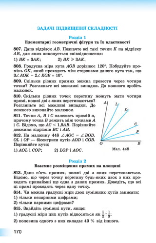 ЗАДАЧІ ПІДВИЩЕНОЇ СКЛАДНОСТІ
Розділ 1
Елементарні геометричні фігури та їх властивості
807. Дано відрізок АВ. Позначте всі такі точки К на відрізку
АВ, для яких виконується співвідношення:
1) В К = ЗАК; 2) В К > ЗАК.
808. Градусна міра кута АОВ дорівнює 120°. Побудуйте про­
мінь ОК, який проходить між сторонами даного кута так, що
ЗZAOK - 2Z КОВ = 10°.
809. Скільки різних прямих можна провести через чотири
точки? Розгляньте всі можливі випадки. До кожного зробіть
малюнок.
810. Скільки різних точок перетину можуть мати чотири
прямі, кожні дві з яких перетинаються?
Розгляньте всі можливі випадки. До
кожного виконайте малюнок.
811. Точки А, Б і С належать прямій а,
причому точка Б лежить між точками А
і С. Відомо, що АС < 1,9АБ. Порівняйте
довжини відрізків БС і АВ.
812. На малюнку 448 ZAOC = ZBOD.
OL і ОР — бісектриси кутів AOD і СОВ.
Порівняйте кути:
1) AOL і СОР; 2) LOP і АОС. Мал. 448
Розділ 2
Взаємне розміщення прямих на площині
813. Дано п’ять прямих, кожні дві з яких перетинаються.
Відомо, що через точку перетину будь-яких двох з них про­
ходить принаймні ще одна з даних прямих. Доведіть, що всі
ці прямі проходять через одну точку.
814. Чи можна градусні міри двох суміжних кутів записати:
1 ) тільки непарними цифрами;
2 ) тільки парними цифрами?
815. Знайдіть суміжні кути, якщо:
14 1 .11 ) градусні міри цих кутів відносяться як 2 : 3 !
2) половина одного з них складає 40 % від іншого.
170
 