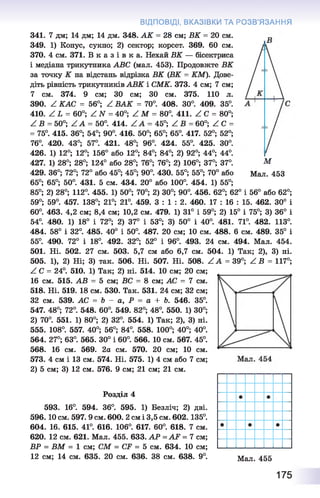 м
Мал. 453
341. 7 дм; 14 дм; 14 дм. 348. АК = 28 см; ВК = 20 см.
349. 1) Конус, сукно; 2) сектор; корсет. 369. 60 см.
370. 4 см. 371. В к а з і в к а . Нехай ВК — бісектриса
і медіана трикутника ABC (мал. 453). Продовжте ВК
за точку К на відстань відрізка ВК (ВК = KM). Дове­
діть рівність трикутників АВК і СМК. 373. 4 см; 7 см;
7 см. 374. 9 см; 30 см; ЗО см. 375. 110 л.
390. Z КАС = 56°; Z ВАК = 70°. 408. 30°. 409. 35°.
410. Z L = 60°; Z N = 40°; Z M = 80°. 411. Z C = 80°;
Z В = 50°; Z A - 50°. 414. Z A - 45°; Z B - 60°; Z C =
= 75°. 415. 36°; 54°; 90°. 416. 50°; 65°; 65°. 417. 52°; 52°;
76°. 420. 43°; 57°. 421. 48°; 96°. 424. 55°. 425. 30°.
426. 1) 12°; 12°; 156° або 12°; 84°; 84°; 2) 92°; 44°; 44°.
427. 1) 28°; 28°; 124° або 28°; 76°; 76°; 2) 106°; 37°; 37°.
429. 36°; 72°; 72° або 45°; 45°; 90°. 430. 55°; 55°; 70° або
65°; 65°; 50°. 431. 5 см. 434. 20° або 100°. 454. 1) 55°;
85°; 2) 28°; 112°. 455. 1) 50°; 70°; 2) 30°; 90°. 456. 62°; 62° і 56° або 62°;
59°; 59°. 457. 138°; 21°; 21°. 459. 3 : 1 : 2 . 460. 17 : 16 : 15. 462. 30° і
60°. 463. 4,2 см; 8,4 см; 10,2 см. 479. 1) 31° і 59°; 2) 15° і 75°; 3) 36° і
54°. 480. 1) 18° і 72°; 2) 37° і 53°; 3) 50° і 40°. 481. 71°. 482. 113°.
484. 58° і 32°. 485. 40° і 50°. 487. 20 см; 10 см. 488. 6 см. 489. 35° і
55°. 490. 72° і 18°. 492. 32°; 52° і 96°. 493. 24 см. 494. Мал. 454.
501. Ні. 502. 27 см. 503. 5,7 см або 6,7 см. 504. 1)Так; 2), 3) ні.
505. 1), 2) Ні; 3) так. 506. Ні. 507. Ні. 508. Z A =39°;Z B = 117°;
Z C = 24°. 510. 1) Так; 2) ні. 514. 10 см; 20 см;
16 см. 515. АВ - 5 см; ВС - 8 см; АС = 7 см.
518. Ні. 519. 18 см. 530. Так. 531. 24 см; 32 см;
32 см. 539. АС = Ь - а, Р = а + Ь. 546. 35°.
547. 48°; 72°. 548. 60°. 549. 82°; 48°. 550. 1) 30°;
2) 70°. 551. 1) 80°; 2) 32°. 554. 1) Так; 2), 3) ні.
555. 108°. 557. 40°; 56°; 84°. 558. 100°; 40°; 40°.
564. 27°; 63°. 565. 30° і 60°. 566. 10 см. 567. 45°.
568. 16 см. 569. 2а см. 570. 20 см; 10 см.
573. 4 см і 13 см. 574. Ні. 575. 1) 4 см або 7 см;
2) 5 см; 3) 12 см. 576. 9 см; 21 см; 21 см.
ВІДПОВІДІ, ВКАЗІВКИ ТА РОЗВ’ЯЗАННЯ
Розділ 4
593. 16°. 594. 36°. 595. 1) Безліч; 2) дві.
596.10 см. 597. 9 см. 600. 2 см і 3,5 см. 602.135°.
604. 16. 615. 41°. 616. 106°. 617. 60°. 618. 7 см.
620. 12 см. 621. Мал. 455. 633. АР =AF = 7 см;
ВР = ВМ = 1 см; CM = CF = 5 см. 634. 10 см;
12 см; 14 см. 635. 20 см. 636. 38 см. 638. 9°. Мал. 455
175
 
