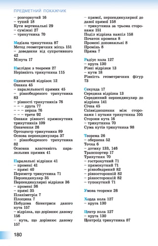 - розгорнутий 16
- тупий 18
Кути вертикальні 29
- суміжні 27
- трикутника 70
Медіана трикутника 87
Метод геометричних місць 151
- доведення від супротивного
42
Мінута 17
Наслідок з теореми 27
Нерівність трикутника 115
Одиничний відрізок 12
Ознака 45
- паралельності прямих 45
- рівнобедреного трикутника
83
- рівності трикутників 76
друга 77
перша 76
третя 92
Ознаки рівності прямокутних
трикутників 109
Означення 26
Ортоцентр трикутника 89
Основа перпендикуляра 37
- рівнобедреного трикутника
82
Основна властивість пара­
лельних прямих 41
Паралельні відрізки 41
- промені 41
- прямі 40
Периметр трикутника 71
Перпендикуляр 35
Перпендикулярні відрізки 36
- промені 36
- прямі 35
Планіметрія 7
Площина 7
Побудова бісектриси даного
кута 157
- відрізка, що дорівнює даному
156
- кута, що дорівнює даному
157
ПРЕДМЕТНИЙ ПОКАЖЧИК
- прямої, перпендикулярної до
даної прямої 158
- трикутника за трьома сторо­
нами 151
Поділ відрізка навпіл 158
Початок променя 8
Промені доповняльні 8
Промінь 8
Пряма 7
Радіус кола 127
- круга 130
Рівні відрізки 13
- кути 18
Рівність геометричних фігур
73
Секунда 17
Середина відрізка 13
Серединний перпендикуляр до
відрізка 141
Січна 45
Співвідношення між сторо­
нами і кутами трикутника 105
Сторони кута 16
- трикутника 70
Сума кутів трикутника 98
Теорема 26
- обернена 52
Точка 6
- дотику 133, 146
Транспортир 17
Трикутник 70
- гострокутний 71
- прямокутний 71
- рівнобедрений 82
- рівносторонній 82
- різносторонній 82
- тупокутний 71
Умова теореми 26
Хорда кола 127
- круга 130
Центр кола 127
- круга 130
Центроїд трикутника 87
180
 