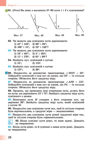 ф 81. (Усно) На яких з малюнків 57-60 кути 1 і 2 є суміжними?
Розділ 2 ----------------------------------------------------------------------------------------------
Мал. 57 Мал. 59 Мал. 60
82. Чи можуть два суміжних кути дорівнювати:
1) 42° і 148°; 2) 90° і 90°;
3) 166° і 14°; 4) 23° і 156°?
83. Чи можуть два суміжних кути дорівнювати:
1) 13° і 167°; 2) 5° і 165°;
3) 11° і 179°; 4) 91° і 89°?
84. Знайдіть кут, суміжний з кутом:
1) 15°; 2) 113°.
85. Знайдіть кут, суміжний з кутом:
1) 127°; 2) 39°.
Накресліть за допомогою транспортира Z МОИ = 50°.
Побудуйте суміжний з ним кут за умови, що ОИ — їх спільна
сторона. Обчисліть його градусну міру.
87. Накресліть за допомогою транспортира ААРВ = 115°.
Побудуйте суміжний з ним кут за умови, що РА — їх спільна
сторона. Обчисліть його градусну міру.
8 8 . Промінь, що проходить між сторонами кута, ділить його
на кути, що дорівнюють 15° і 72°. Знайдіть градусну міру кута,
суміжного з даним.
89. Бісектриса кута М утворює з його стороною кут, що
дорівнює 36°. Знайдіть градусну міру кута, який суміжний
з кутом М.
90. Накресліть два суміжних кути так, щоб їх спільна сторона
була вертикальною, а градусні міри — неоднаковими.
91. Накресліть два суміжних кути різної градусної міри так,
щоб їх спільна сторона була горизонтальною.
' ^ 1 92. Якщо суміжні кути рівні, то вони прямі. Доведіть
1 ^ 1 це твердження.
93. Якщо кути рівні, то й суміжні з ними кути рівні. Доведіть
це твердження.
 