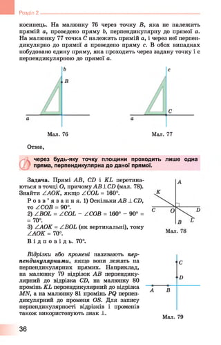 Розділ 2
косинець. На малюнку 76 через точку В, яка не належить
прямій а, проведено пряму Ь, перпендикулярну до прямої а.
На малюнку 77 точка С належить прямій а, і через неї перпен­
дикулярно до прямої а проведено пряму с. В обох випадках
побудовано єдину пряму, яка проходить через задану точку і є
перпендикулярною до прямої а.
Мал. 76 Мал. 77
Отже,
через будь-яку точку площини проходить лише одна
пряма, перпендикулярна до даної прямої.
Задача. Прямі АВ, CD і KL перетина­
ються в точці О, причомуA B L CD (мал. 78).
Знайти ZAOK, якщо ZCOL = 160°.
Р о з в ’ я з а н н я . 1) Оскільки АВ ± CD,
то ZCOB = 90°.
2) ZBOL = ZCOL - ZCOB = 160° - 90° =
= 70°.
3) ZAOK = ZBOL (як вертикальні), тому
ZAOK = 70°.
В і д п о в і д ь . 70°.
Відрізки або промені називають пер­
пендикулярними, якщо вони лежать на
перпендикулярних прямих. Наприклад,
на малюнку 79 відрізок АВ перпендику­
лярний до відрізка CD, на малюнку 80
промінь KL перпендикулярний до відрізка
MN, а на малюнку 81 промінь PQ перпен­
дикулярний до променя OS. Для запису
перпендикулярності відрізків і променів
також використовують знак -L.
Мал. 79
С
D
36
 