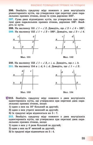 ВЗАЄМНЕ РОЗМІЩЕННЯ ПРЯМИХ НА ПЛОЩИНІ
206. Знайдіть градусну міру кожного з двох внутрішніх
різносторонніх кутів, що утворилися при перетині двох пара­
лельних прямих січною, якщо їх сума дорівнює 240°.
207. Сума двох відповідних кутів, що утворилися при пере­
тині двох паралельних прямих січною, дорівнює 108°. Знай­
діть ці кути.
208. На малюнку 151 £ 1 = £ 2. Доведіть, що £ 3 + £ 4 = 180°.
209. На малюнку 152 £ 1 -- £ 2 = 180°. Доведіть, що / 3 = £ 4 .
• 1
а
1 а '
і і
ь и :
’ ’ і
і 1 3 
 І 1 
Мал. 151 Мал. 152
210. На малюнку 153 £ 1 = £ 2, с 1 а. Доведіть, що с ±Ь.
211. На малюнку 154 а ± й, Ь і. <2. Доведіть, що £ 1 = £ 2 .
С/2 1 2 . Знайдіть градусну міру кожного з двох внутрішніх
односторонніх кутів, що утворилися при перетині двох пара­
лельних прямих січною, якщо:
1 ) один з них на 16° більший за другий;
2 ) один з них утричі менший за другий;
3) їх градусні міри відносяться як 5 : 7.
213. Знайдіть градусну міру кожного з двох внутрішніх
односторонніх кутів, що утворилися при перетині двох пара­
лельних прямих січною, якщо:
1) один з них у 4 рази більший за другий;
2 ) один з них на 8 ° менший за другий;
3) їх градусні міри відносяться як 5 : 4.
55
 