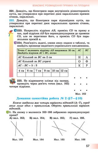 ВЗАЄМНЕ РОЗМІЩЕННЯ ПРЯМИХ НА ПЛОЩИНІ
221. Доведіть, що бісектриси пари внутрішніх різносторонніх
кутів, що утворилися при перетині двох паралельних прямих
січною, паралельні.
222. Доведіть, що бісектриси пари відповідних кутів, що
утворилися при перетині двох паралельних прямих січною,
паралельні.
^ Ф 223. Накресліть відрізок АВ, промінь СХ) та пряму а
у - так, щоб відрізок АВ був перпендикулярним до променя
* СО, але не перетинав його, а промінь СІ) був пара­
лельним прямій а.
Ф 224. Розв’яжіть задачі, умови яких подано в таблиці, та
знайдіть прізвище видатного українського письменника.
Точка С належить відрізку АВ завдовжки 16 см.
Знайдіть відрізки АС і ВС, якщо:
АС ВС
АС більший за ВС на 2 см Н А
АС більший за ВС утричі О Ф
АС :В С = 5 : 3 К Р
4 см 6 см 7 см 9 см 1 0 см 1 2 см
"ЙЙк 225. Не відриваючи олівця від паперу,
проведіть через дев’ять точок (мал. 162)
чотири відрізки.
Мал. 162
Домашня самостійна робота № 2 (§ 7 — § 1 0 )
Кожне завдання має чотири варіанти відповіді (А-Г), серед
яких лише один є правильним. Оберіть правильний варіант
відповіді.
№ ■ На якому з малюнків 163-166 зображено перпендикулярні
прямі?
А) мал. 163; Б) мал. 164; В) мал. 165; Г) мал. 166.
Мал. 163 Мал. 164 Мал. 165
57
 