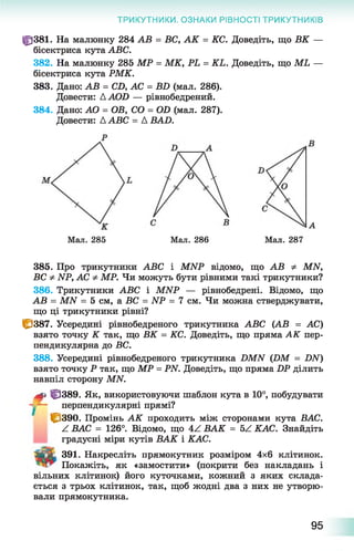 ТРИКУТНИКИ. ОЗНАКИ РІВНОСТІ ТРИКУТНИКІВ
0 3 8 1 . На малюнку 284 АВ = ВС, АК = КС. Доведіть, що ВК —
бісектриса кута АВС.
382. На малюнку 285 МР = МК, РЬ = КЬ. Доведіть, що МЬ —
бісектриса кута РМК.
383. Дано: АВ = СБ, АС = ВБ (мал. 286).
Довести: ААОБ — рівнобедрений.
384. Дано: АО = ОВ, СО = ОБ (мал. 287).
Довести: ДАВС = Д ВАБ.
Мал. 285 Мал. 286
А
Мал. 287
385. Про трикутники АВС і МЛГР відомо, що АВ ф МІУ,
ВС ФІУР, АС ФМР. Чи можуть бути рівними такі трикутники?
386. Трикутники АВС і МЫР — рівнобедрені. Відомо, що
АВ = МЫ = 5 см, а ВС = ЫР = 7 см. Чи можна стверджувати,
що ці трикутники рівні?
С 387. Усередині рівнобедреного трикутника АВС (АВ = АС)
взято точку К так, що ВК = КС. Доведіть, що пряма АК пер­
пендикулярна до ВС.
388. Усередині рівнобедреного трикутника БМИ (БМ = БИ)
взято точку Р так, що МР = РЛГ. Доведіть, що пряма БР ділить
навпіл сторону МИ.
М* 0 3 8 9 . Як, використовуючи шаблон кута в 10°, побудувати
- — перпендикулярні прямі?
С-390. Промінь АК проходить між сторонами кута ВАС.
Z ВАС = 126°. Відомо, що 4Z ВАК = 5Z КАС. Знайдіть
градусні міри кутів ВАК і КАС.
ТаЙк. 391. Накресліть прямокутник розміром 4x6 клітинок.
Покажіть, як «замостити» (покрити без накладань і
вільних клітинок) його куточками, кожний з яких склада­
ється з трьох клітинок, так, щоб жодні два з них не утворю­
вали прямокутника.
95
 