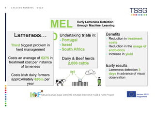 MEL
D
Early Lameness Detection
through Machine Learning
Undertaking trials in:
• Portugal
• Israel
• South Africa
Dairy & Beef herds
2,000 cattle
Benefits
• Reduction in treatment
costs
• Reduction in the usage of
antibiotics
• Increase in yield
Early results
• Lameness detection 3
days in advance of visual
observation
Lameness…
Third biggest problem in
herd management
Costs an average of €275 in
treatment cost per instance
of lameness
Costs Irish dairy farmers
approximately €80m per
year
MELD is a Use Case within the IoF2020 Internet of Food & Farm Project
7 C A S C A D E F U N D I N G - M E L D
 