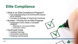 15
Elite Compliance
• What is an Elite Compliance Program?
▪ Full understanding of environmental impacts
of an industry
▪ Complex knowledge of chemical inventories
• Number 1 Priority for an Elite Program
▪ Understand what makes a complete
program
- Regulations and responsibilities
- Document control
• Continued Costs
▪ Updated trainings
▪ Consistent monitoring
▪ Ongoing maintenance
 