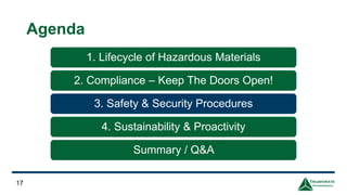 1. Lifecycle of Hazardous Materials
2. Compliance – Keep The Doors Open!
3. Safety & Security Procedures
4. Sustainability & Proactivity
Summary / Q&A
17
Agenda
 