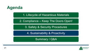 1. Lifecycle of Hazardous Materials
2. Compliance – Keep The Doors Open!
3. Safety & Security Procedures
4. Sustainability & Proactivity
Summary / Q&A
21
Agenda
 