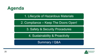 1. Lifecycle of Hazardous Materials
2. Compliance – Keep The Doors Open!
3. Safety & Security Procedures
4. Sustainability & Proactivity
Summary / Q&A
25
Agenda
 