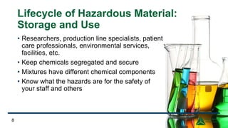 Lifecycle of Hazardous Material:
Storage and Use
• Researchers, production line specialists, patient
care professionals, environmental services,
facilities, etc.
• Keep chemicals segregated and secure
• Mixtures have different chemical components
• Know what the hazards are for the safety of
your staff and others
88
 