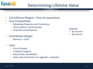 Determining Lifetime Value
• CLV (Lifetime Margin) – (Cost of acquisition)
• Cost of Acquisition
– Marketing Programs and Promotions
– Sales (salaries, commissions)
– Channels (commissions)
• Contribution Margin
– Revenue – Costs
• Costs
– Cost of Goods
– Customer Support
– Data Center, Bandwidth…
– Sales costs (incentives for upgrades, renewals)
16May 30, 2013
Segment
• By channel
• By product
 
