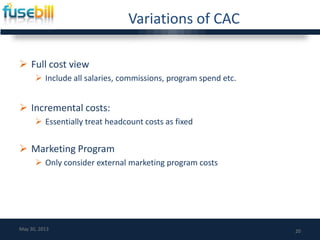 Variations of CAC
 Full cost view
 Include all salaries, commissions, program spend etc.
 Incremental costs:
 Essentially treat headcount costs as fixed
 Marketing Program
 Only consider external marketing program costs
20May 30, 2013
 