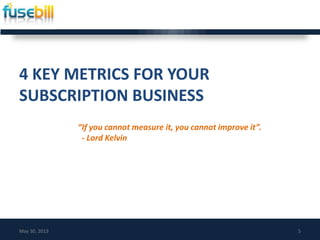 4 KEY METRICS FOR YOUR
SUBSCRIPTION BUSINESS
May 30, 2013 5
“If you cannot measure it, you cannot improve it”.
- Lord Kelvin
 