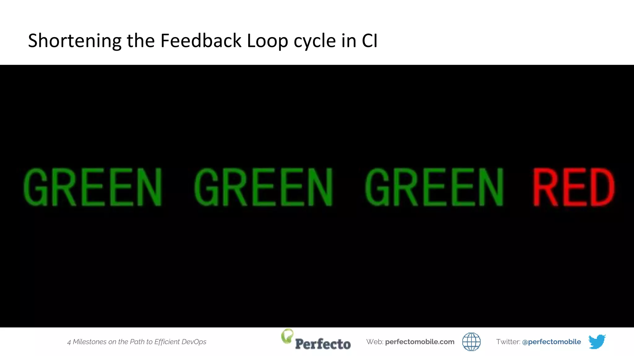 4 Milestones on the Path to Efficient DevOps Web: perfectomobile.com Twitter: @perfectomobile
Shortening the Feedback Loop cycle in CI
 
